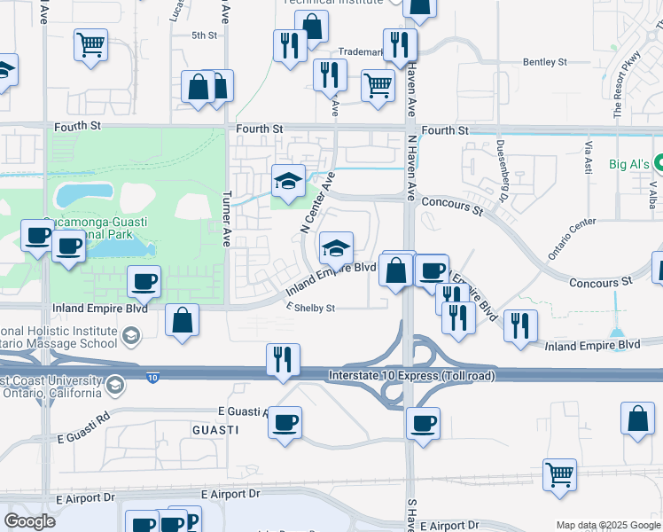map of restaurants, bars, coffee shops, grocery stores, and more near 3351 Inland Empire Boulevard in Ontario