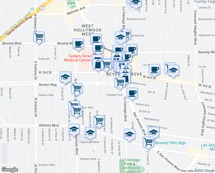 map of restaurants, bars, coffee shops, grocery stores, and more near 8568 Burton Way in Los Angeles