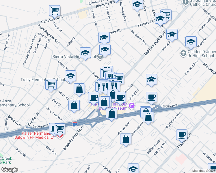 map of restaurants, bars, coffee shops, grocery stores, and more near 13241 Francisquito Avenue in Baldwin Park