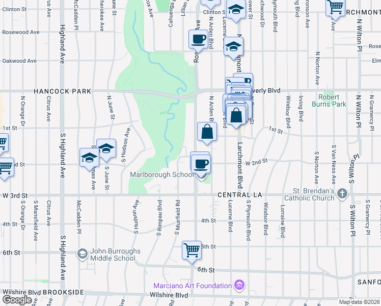 map of restaurants, bars, coffee shops, grocery stores, and more near 143 South Muirfield Road in Los Angeles