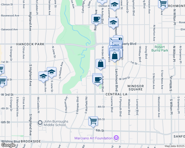map of restaurants, bars, coffee shops, grocery stores, and more near 143 South Muirfield Road in Los Angeles