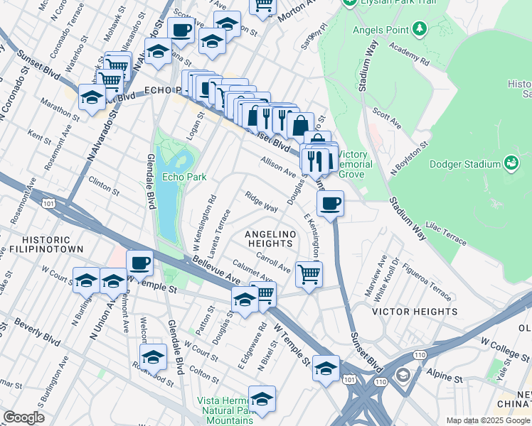 map of restaurants, bars, coffee shops, grocery stores, and more near 1032 West Edgeware Road in Los Angeles