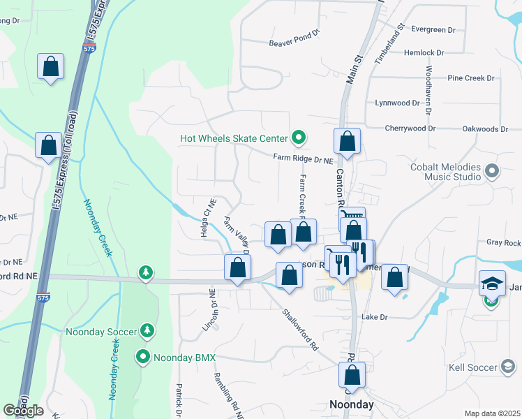 map of restaurants, bars, coffee shops, grocery stores, and more near 716 Walt Lane Northeast in Woodstock
