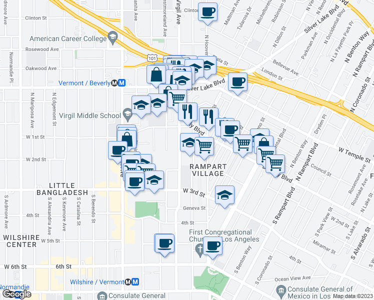 map of restaurants, bars, coffee shops, grocery stores, and more near 134 South Commonwealth Avenue in Los Angeles