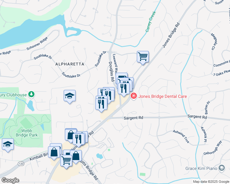 map of restaurants, bars, coffee shops, grocery stores, and more near 11960 Leeward Walk Circle in Alpharetta