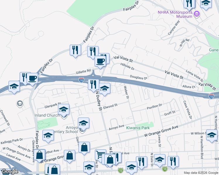 map of restaurants, bars, coffee shops, grocery stores, and more near 1440 Stratus Drive in Pomona
