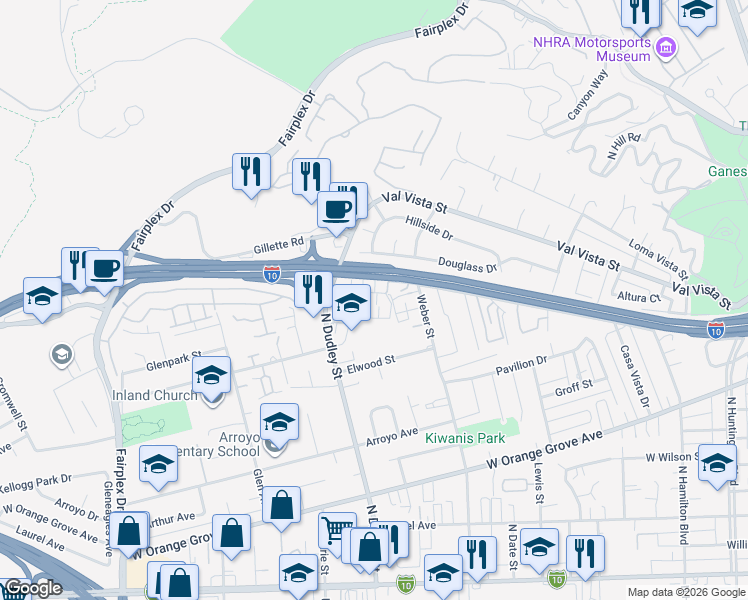 map of restaurants, bars, coffee shops, grocery stores, and more near 1424 Stratus Drive in Pomona