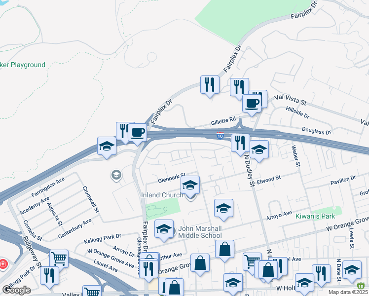 map of restaurants, bars, coffee shops, grocery stores, and more near 1721 Home Terrace in Pomona