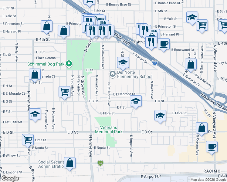 map of restaurants, bars, coffee shops, grocery stores, and more near 759 North El Dorado Avenue in Ontario