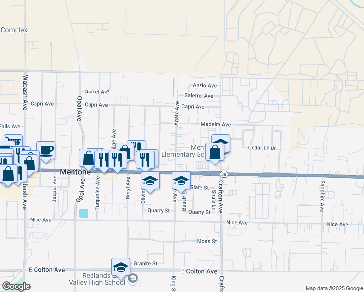 map of restaurants, bars, coffee shops, grocery stores, and more near 1342 Agate Avenue in Mentone