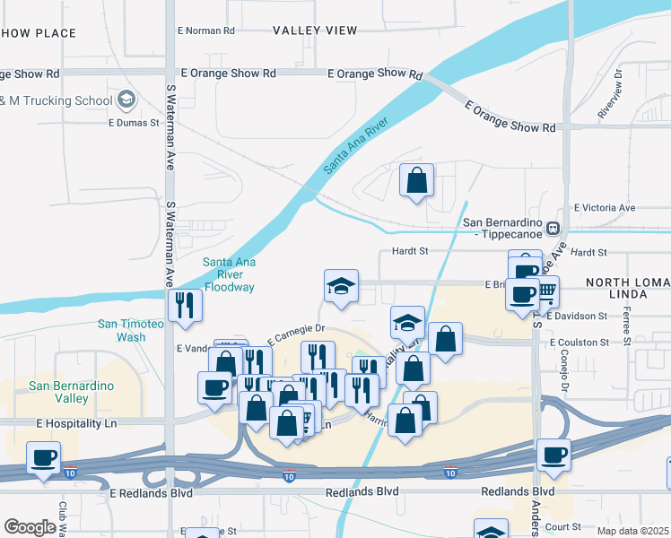 map of restaurants, bars, coffee shops, grocery stores, and more near 674 East Brier Drive in San Bernardino