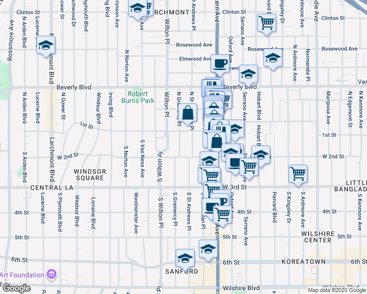 map of restaurants, bars, coffee shops, grocery stores, and more near 121 South Gramercy Place in Los Angeles