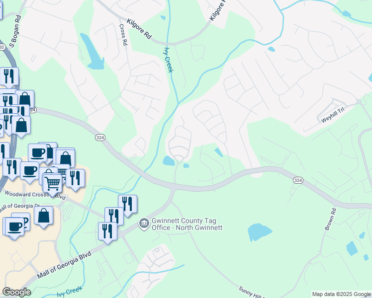 map of restaurants, bars, coffee shops, grocery stores, and more near 3053 Georgia 324 in Buford