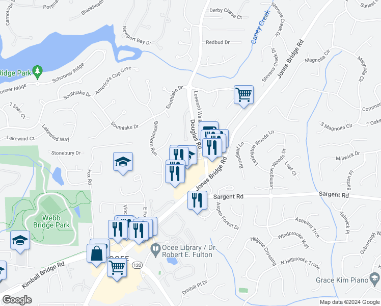 map of restaurants, bars, coffee shops, grocery stores, and more near 5235 Cresslyn Ridge in Alpharetta