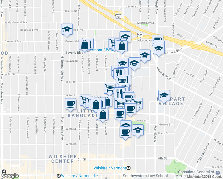 map of restaurants, bars, coffee shops, grocery stores, and more near 125 South New Hampshire Avenue in Los Angeles