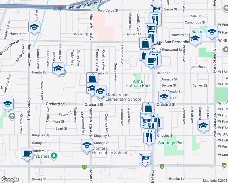 map of restaurants, bars, coffee shops, grocery stores, and more near 10018 Geneva Avenue in Montclair
