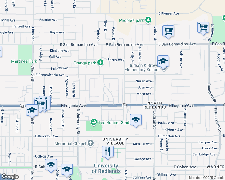 map of restaurants, bars, coffee shops, grocery stores, and more near 1251 East Lugonia Avenue in Redlands