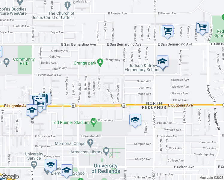 map of restaurants, bars, coffee shops, grocery stores, and more near 1251 East Lugonia Avenue in Redlands