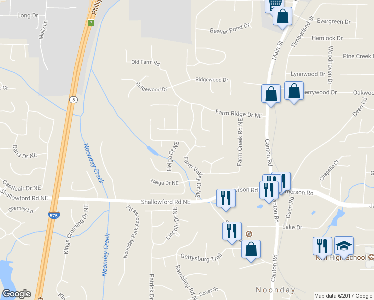 map of restaurants, bars, coffee shops, grocery stores, and more near 4909 Farm Valley Drive Northeast in Woodstock