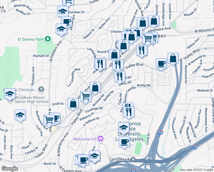 map of restaurants, bars, coffee shops, grocery stores, and more near 5148 Valley Boulevard in Los Angeles