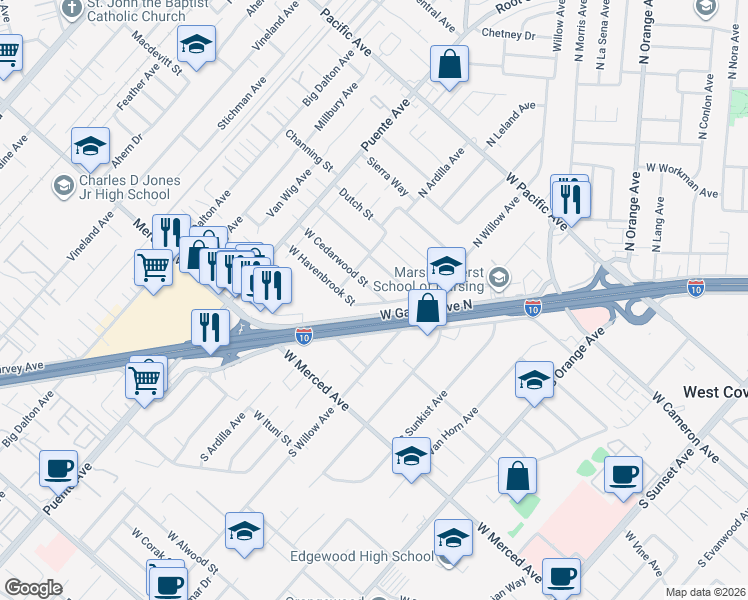map of restaurants, bars, coffee shops, grocery stores, and more near 2306 West Cedarwood Street in West Covina