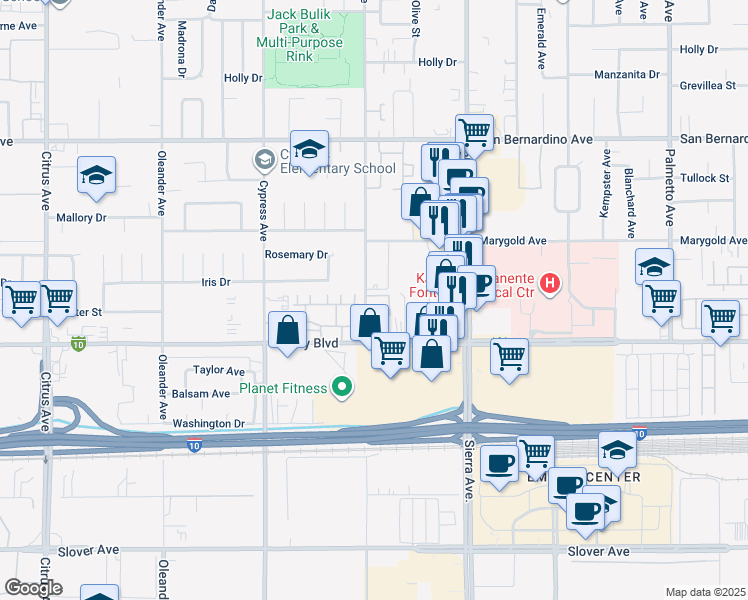 map of restaurants, bars, coffee shops, grocery stores, and more near 9971 Juniper Avenue in Fontana