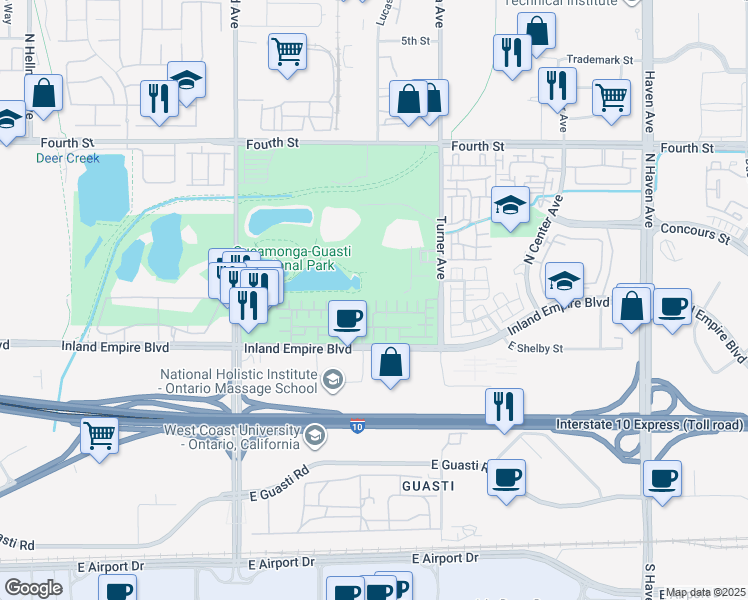 map of restaurants, bars, coffee shops, grocery stores, and more near 2953 East Via Terrano in Ontario