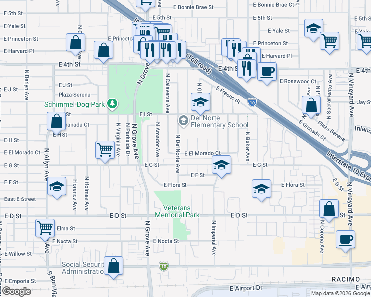 map of restaurants, bars, coffee shops, grocery stores, and more near 759 North El Dorado Avenue in Ontario