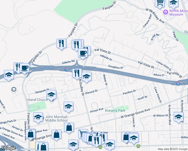 map of restaurants, bars, coffee shops, grocery stores, and more near 1388 Murchison Avenue in Pomona