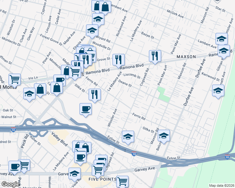 map of restaurants, bars, coffee shops, grocery stores, and more near 3720 1/2 La Madera Avenue in El Monte