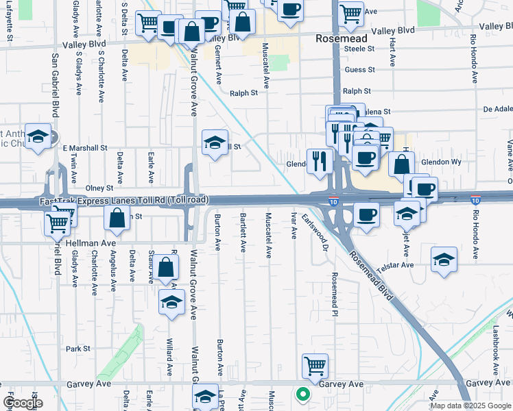 map of restaurants, bars, coffee shops, grocery stores, and more near 8732 Olney Street in Rosemead