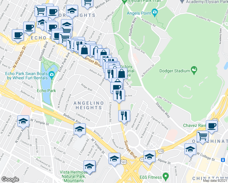 map of restaurants, bars, coffee shops, grocery stores, and more near 34 Sunset Boulevard in Los Angeles