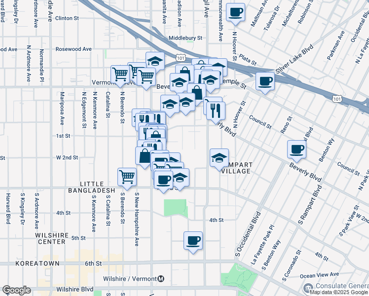 map of restaurants, bars, coffee shops, grocery stores, and more near 129 South Westmoreland Avenue in Los Angeles