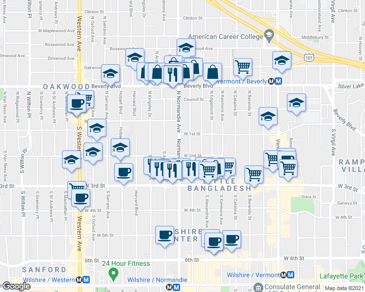 map of restaurants, bars, coffee shops, grocery stores, and more near 106 Normandie Avenue in Los Angeles