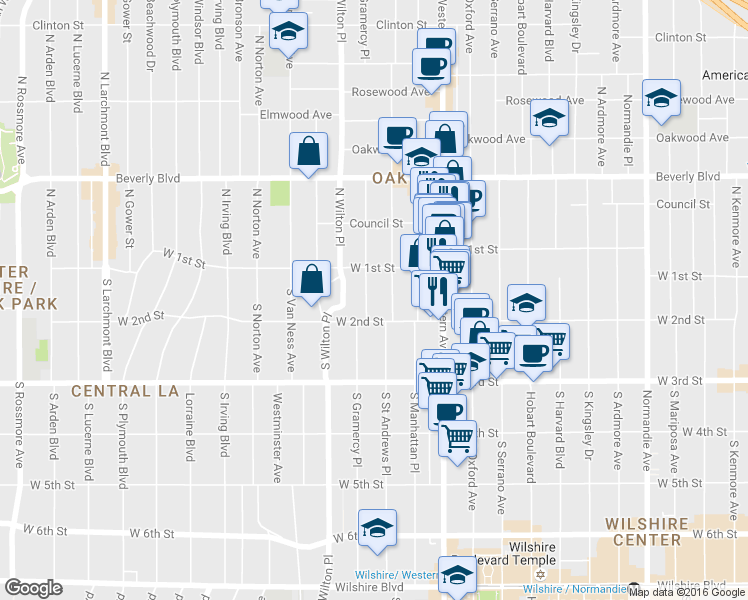 map of restaurants, bars, coffee shops, grocery stores, and more near 121 South Gramercy Place in Los Angeles
