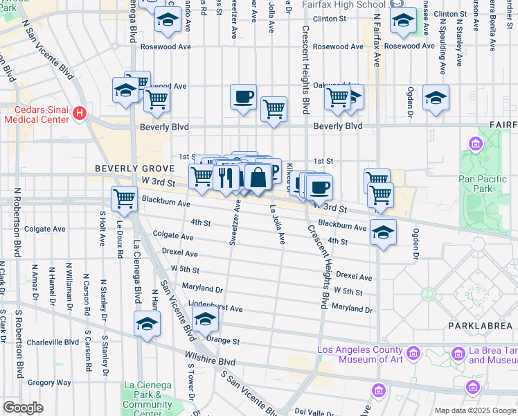 map of restaurants, bars, coffee shops, grocery stores, and more near 8250 West 3rd Street in Los Angeles