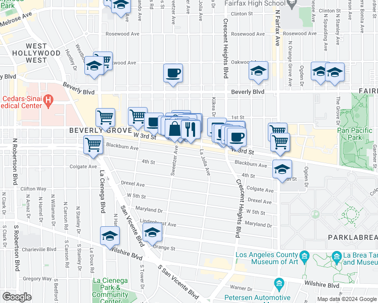 map of restaurants, bars, coffee shops, grocery stores, and more near 8250 West 3rd Street in Los Angeles