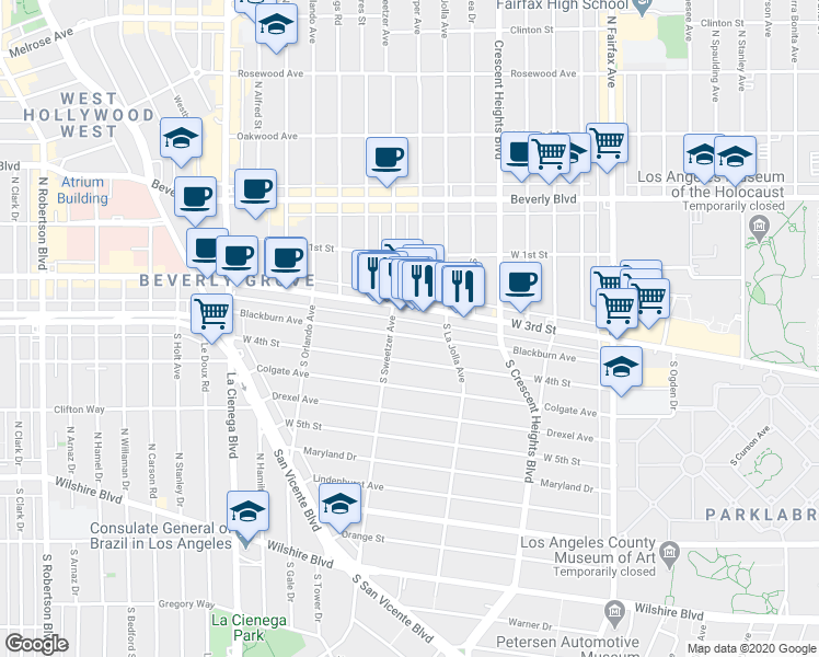 map of restaurants, bars, coffee shops, grocery stores, and more near 8250 West 3rd Street in Los Angeles