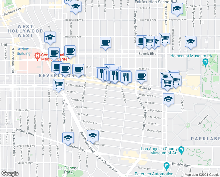 map of restaurants, bars, coffee shops, grocery stores, and more near 8250 West 3rd Street in Los Angeles