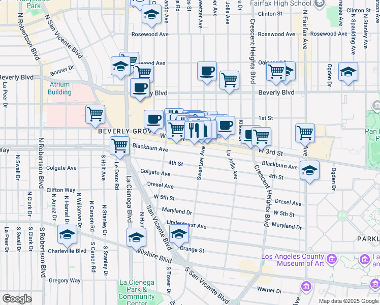 map of restaurants, bars, coffee shops, grocery stores, and more near 8330 West 3rd Street in Los Angeles