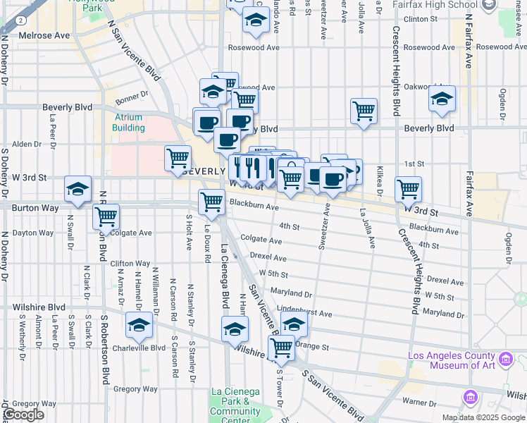 map of restaurants, bars, coffee shops, grocery stores, and more near 8423 Blackburn Avenue in Los Angeles