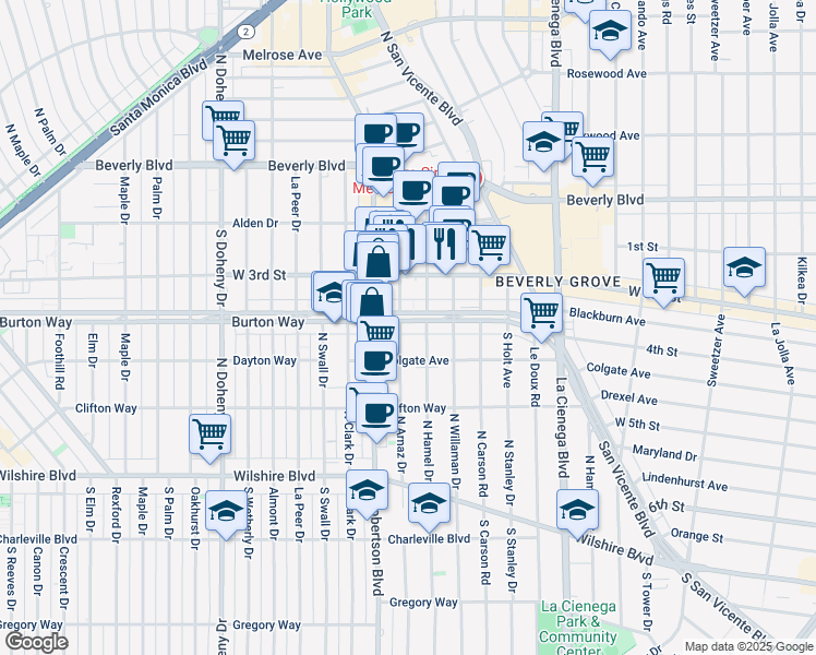 map of restaurants, bars, coffee shops, grocery stores, and more near 8757 Burton Way in West Hollywood