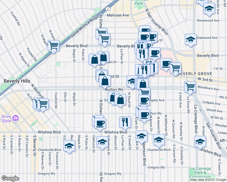 map of restaurants, bars, coffee shops, grocery stores, and more near 330 South Almont Drive in Los Angeles