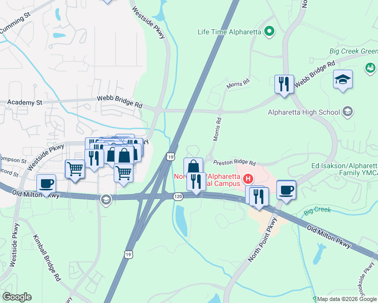 map of restaurants, bars, coffee shops, grocery stores, and more near 5 Country Place Court in Alpharetta
