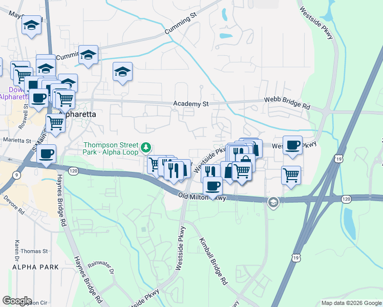 map of restaurants, bars, coffee shops, grocery stores, and more near 45 Burnett Circle in Alpharetta