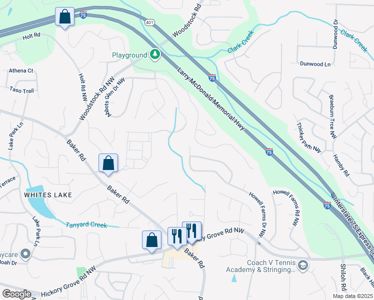 map of restaurants, bars, coffee shops, grocery stores, and more near 4679 Howell Farms Drive Northwest in Acworth