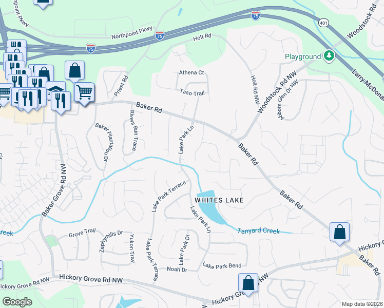 map of restaurants, bars, coffee shops, grocery stores, and more near 4929 Lighthouse Pointe in Acworth
