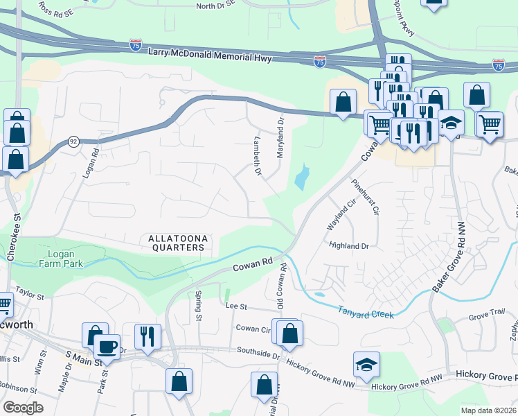 map of restaurants, bars, coffee shops, grocery stores, and more near 4222 Lilac Court in Acworth