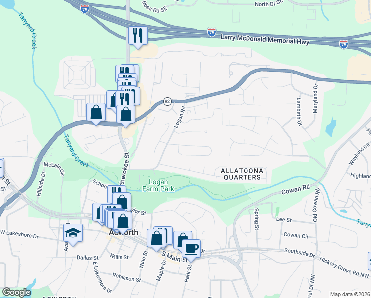 map of restaurants, bars, coffee shops, grocery stores, and more near 4206 Brandy Ann Drive in Acworth