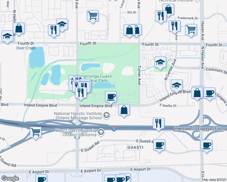 map of restaurants, bars, coffee shops, grocery stores, and more near 2953 East Via Terrano in Ontario